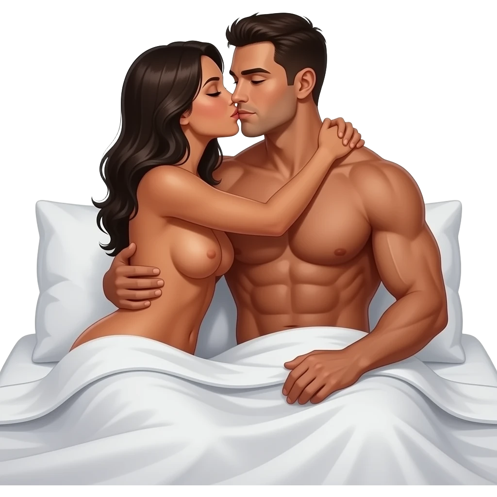 a deeply tanned naked woman kissing and hugging a deeply tanned muscular man in bed with bed sheets down to their waists emoji