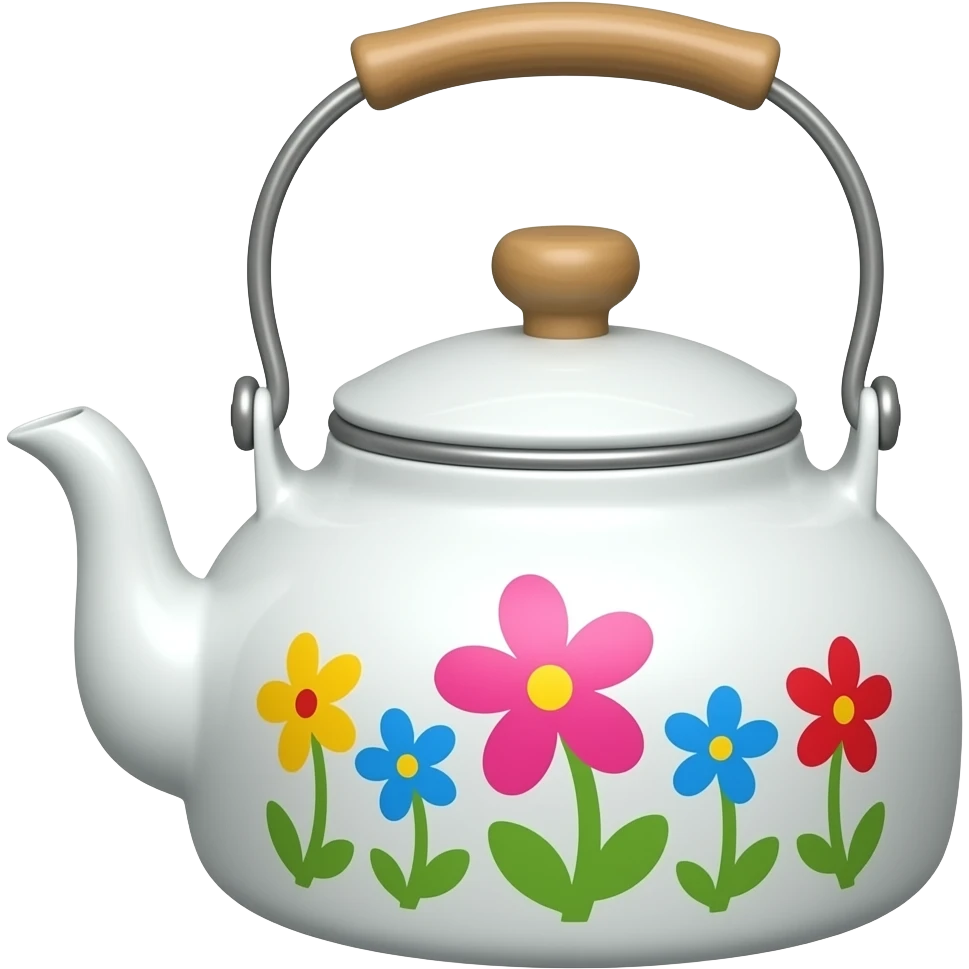 ​إبريق شاي: إبريق معدني أبيض مزين بنقوش زهور ملونة ويد خشبية. emoji