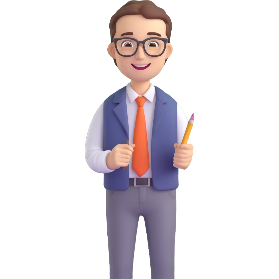 A cute and detailed emoji of a male teacher writing on a chalkboard. The teacher is smiling, wearing glasses, and dressed in a casual shirt and pants. He is holding a piece of chalk and writing something on the blackboard. emoji
