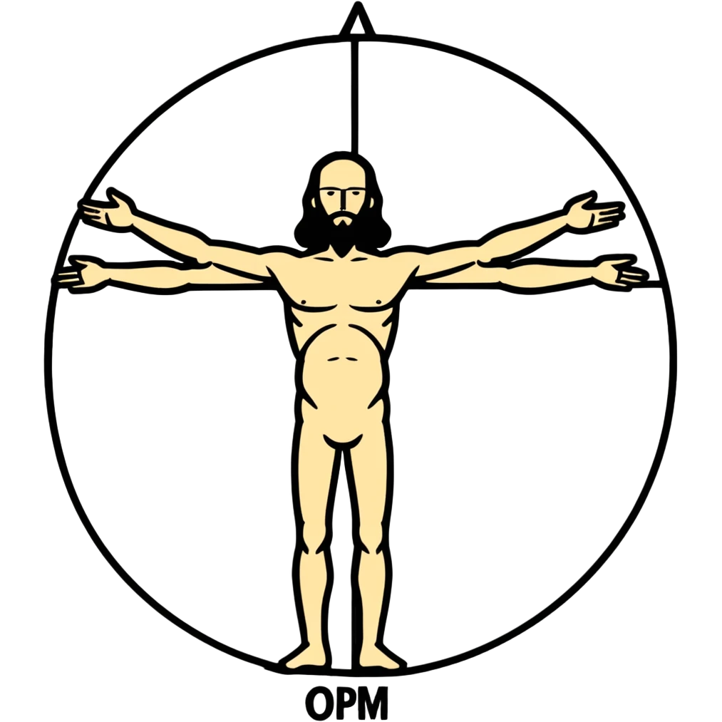 Vitruvian Man, simplified cartoon style, arms and legs outstretched, white background emoji