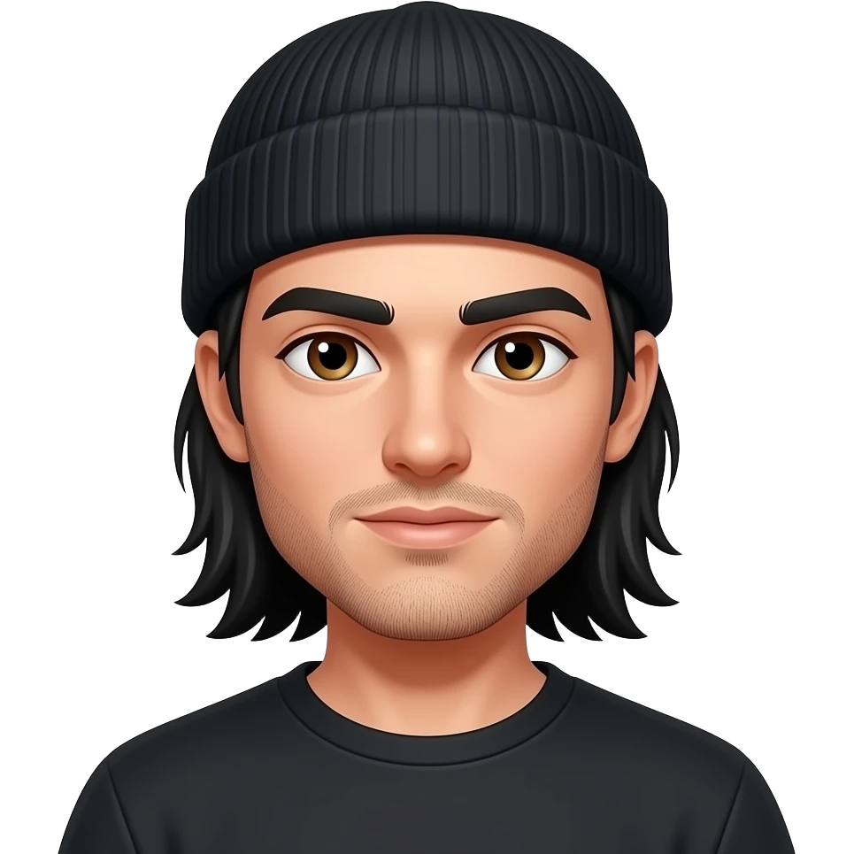 White background, narrow face, Skinny physique, black thick eyebrows, straight shoulder length long black hair man, hazel eyes, 5 oclock shadow with beanie skateboarder emoji