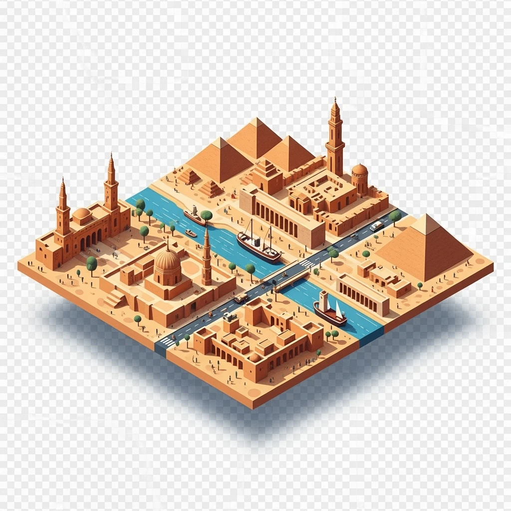 Isometric minimalistic illustration of Cairo, subtle 3D miniature effect and Tilt Shift effect, no cartoonish look, transparent background. emoji