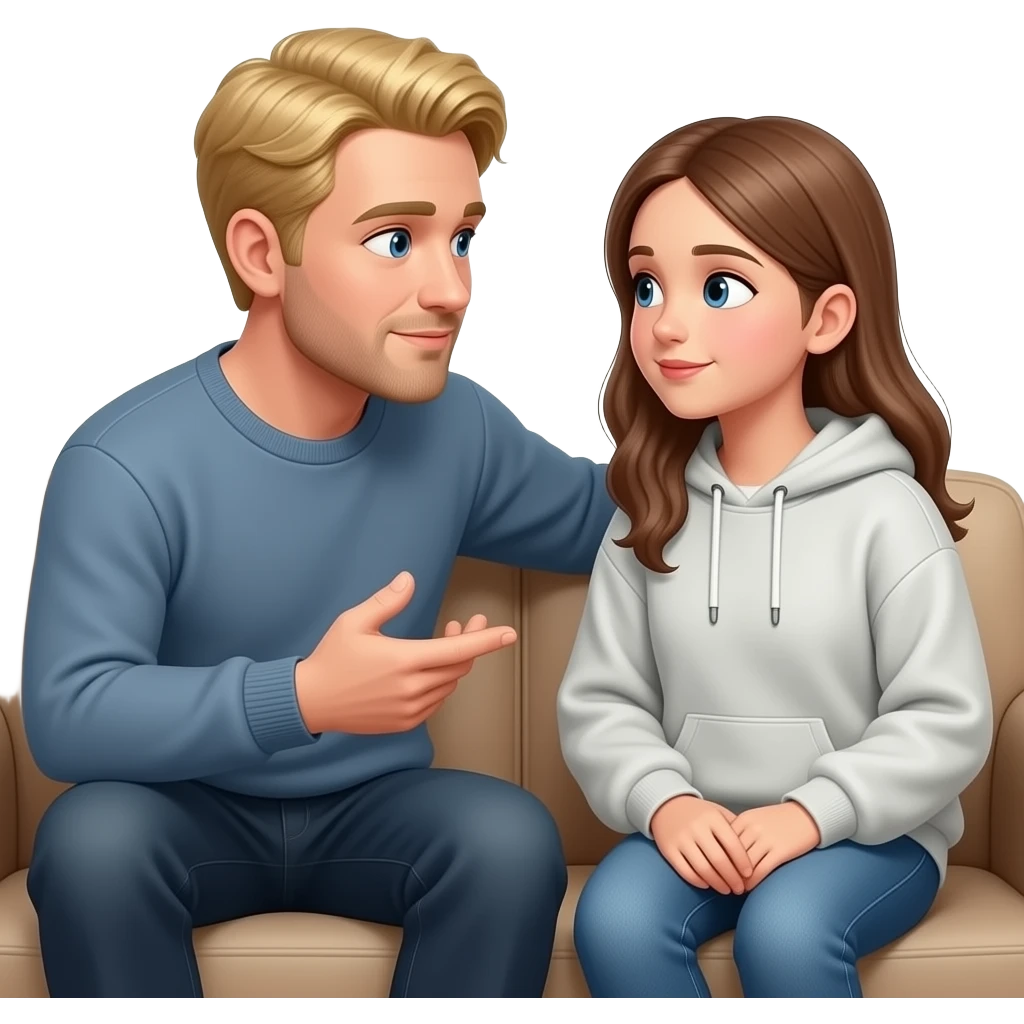 A blond-haired father is talking to his teenage daughter, who is wearing a large sweatshirt and jeans, on a sofa, looking into each other's eyes. emoji