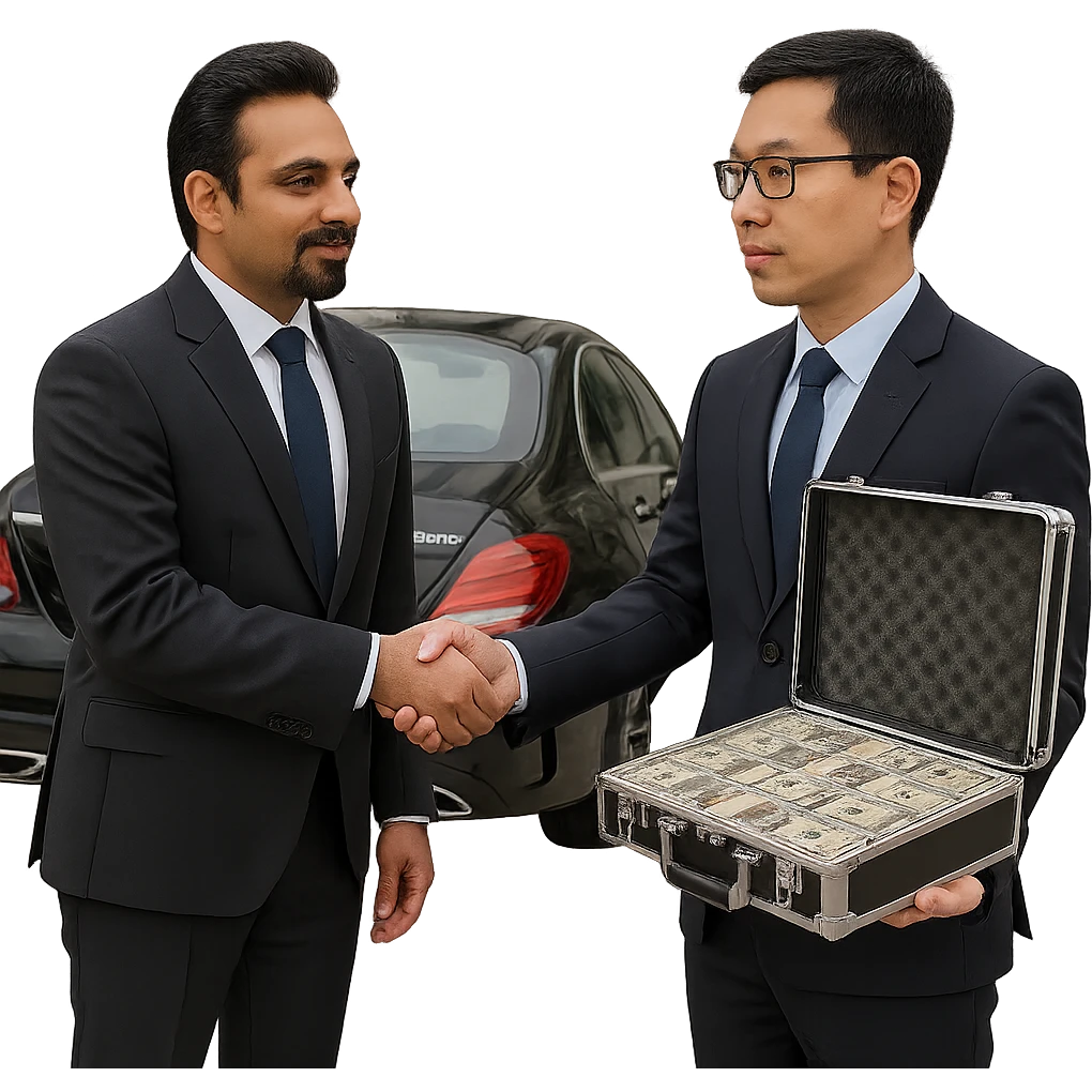 Remove the background so the scene is on a transparent background. The scene shows a light-skinned Indian man with a goatee shaking hands with a Chinese man, giving him a briefcase of money, with an AMG car behind the Indian man. emoji