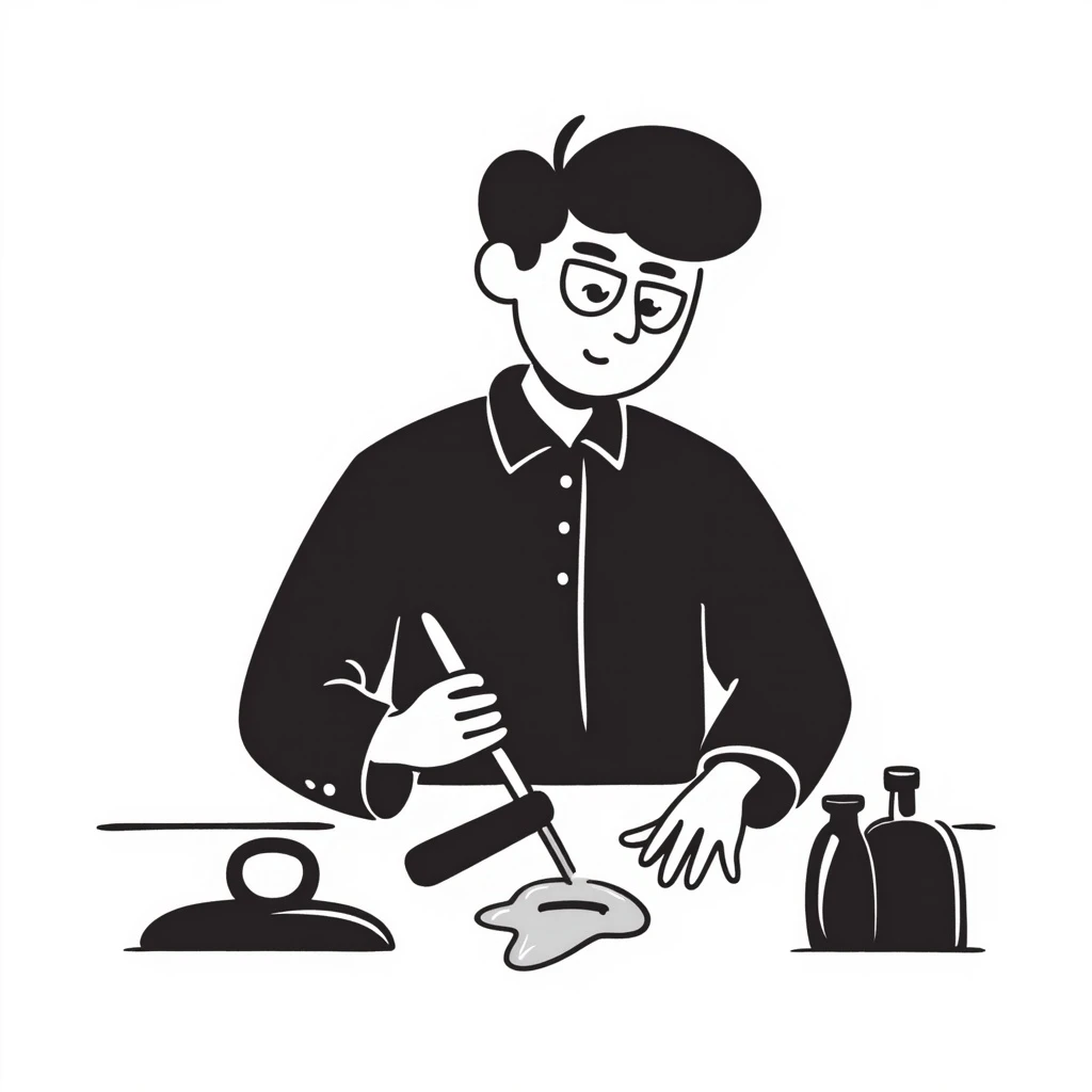brown-haired man without beard working, black doodle style, white background emoji
