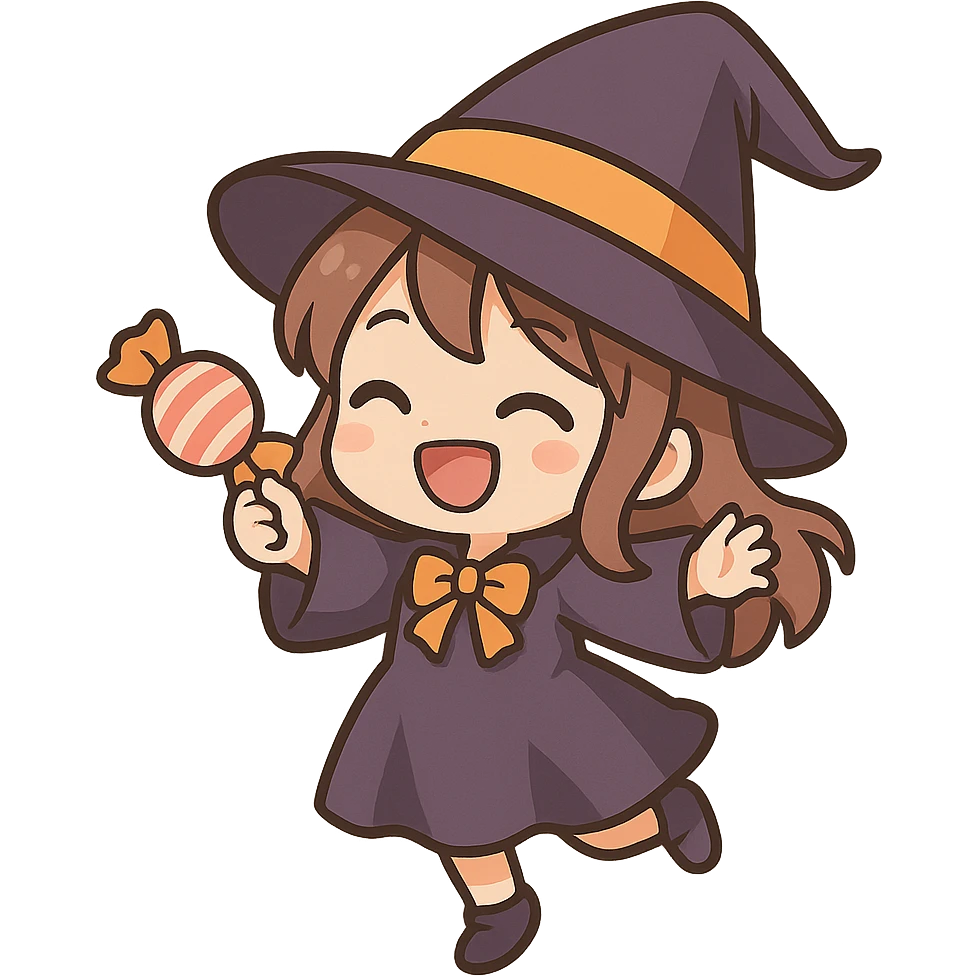 一个穿着万圣节巫师服装的小女孩，手里拿着一个糖果，开心的跳舞 emoji