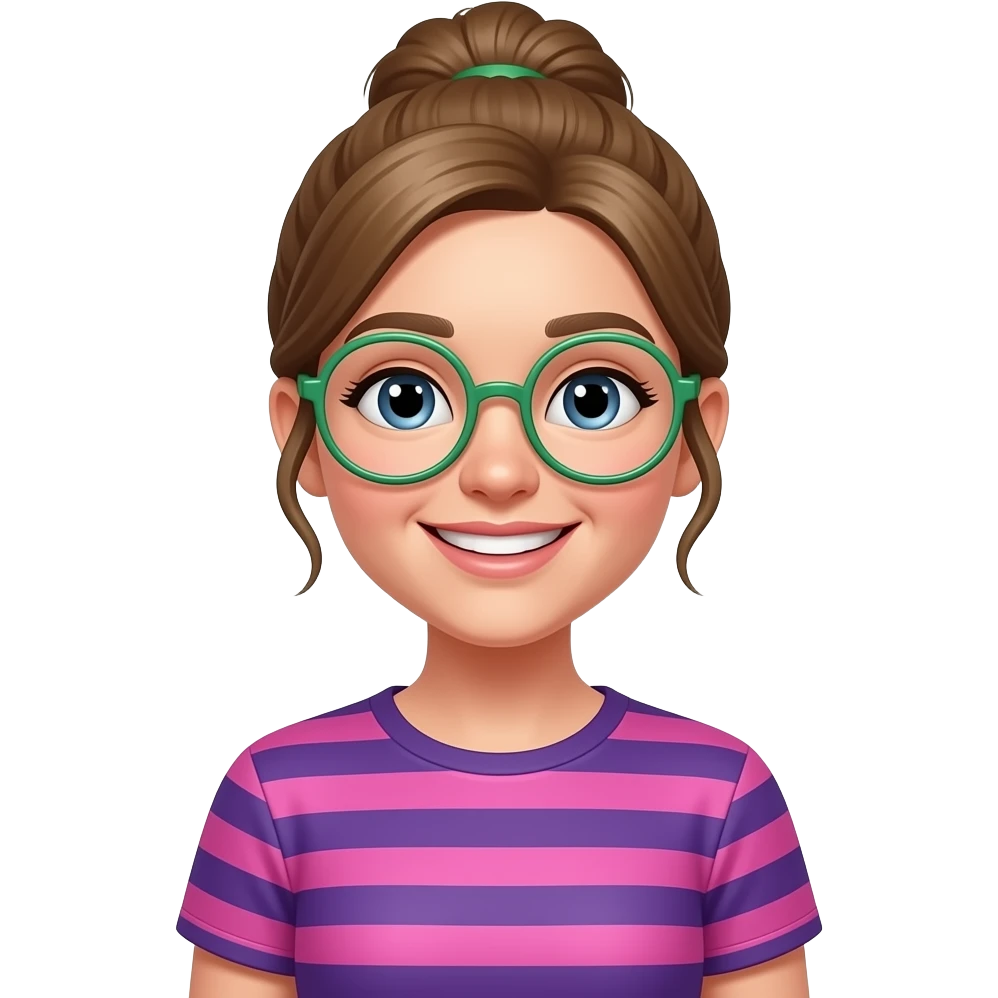 White girl with medium brown/blonde tied up hair wearing green-rim circular glasses smiling wearing a pink and purple horizontal t-shirt smiling emoji