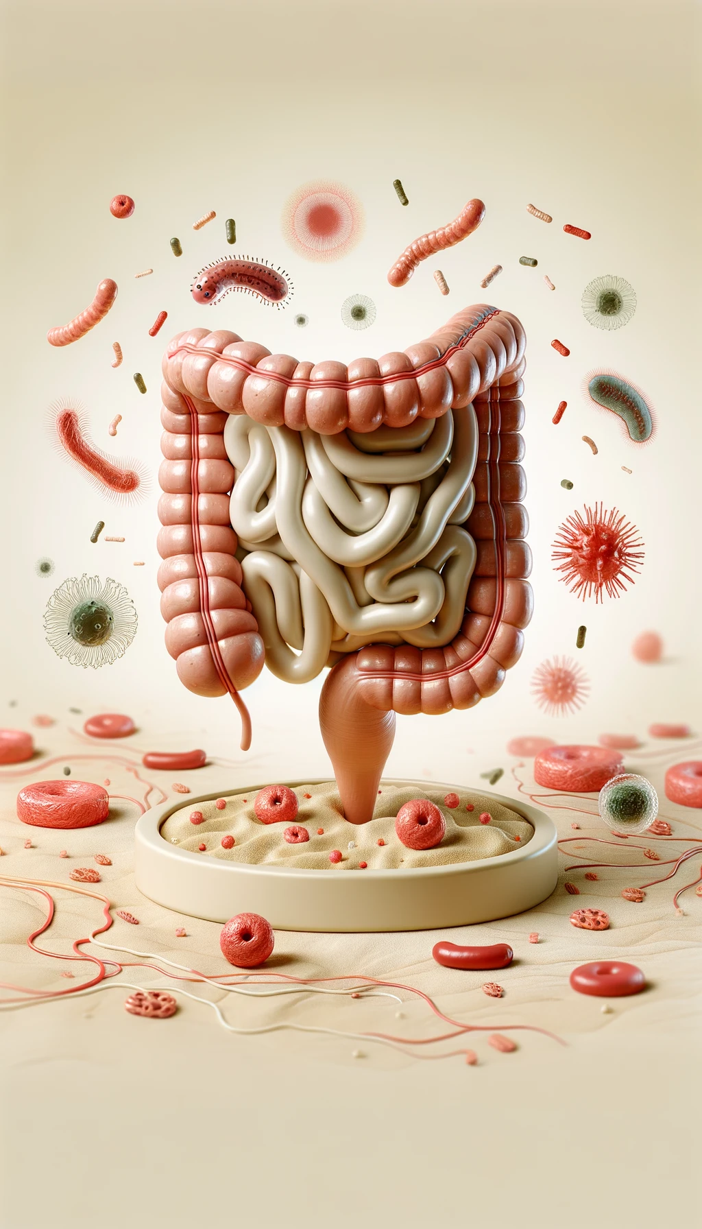 intestino umano anatomico con batteri e parassiti che gli fluttuano dietro, sfondo beige chiaro emoji