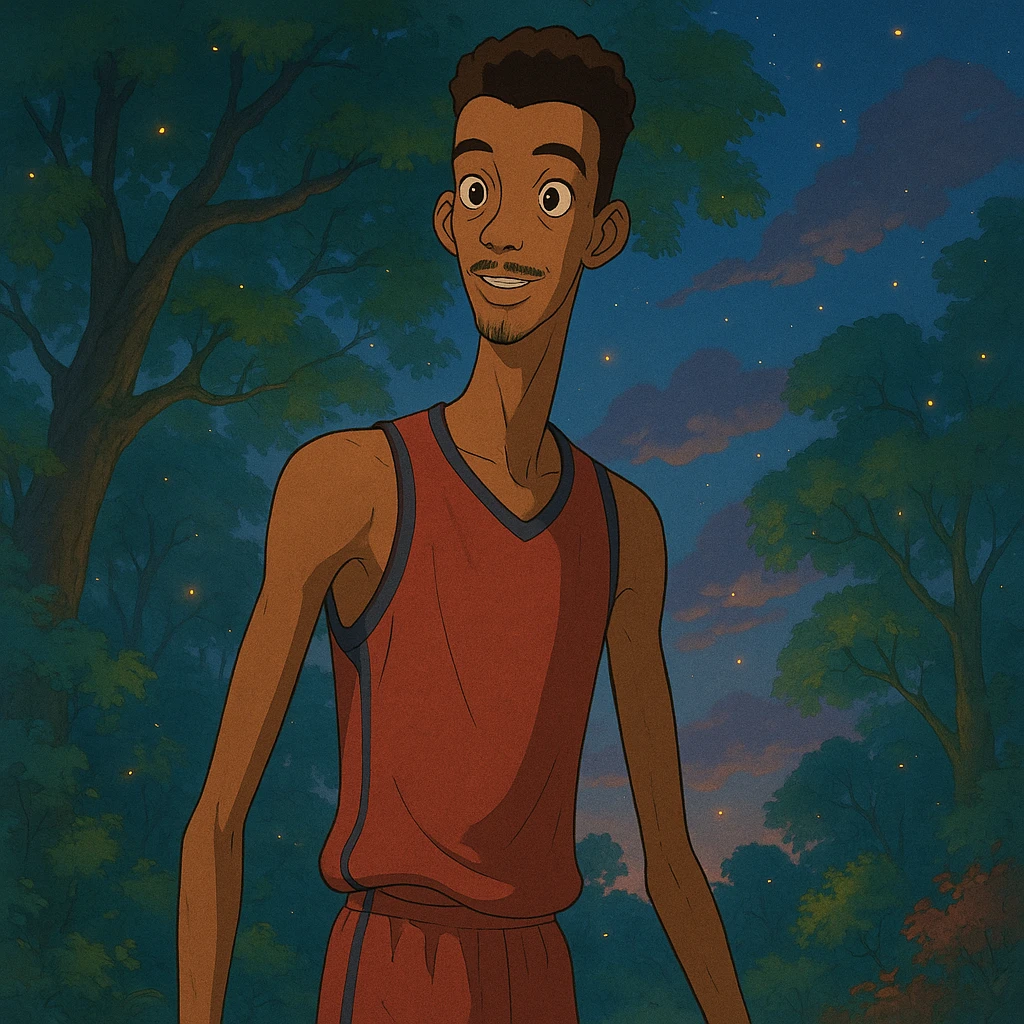 portrait of Wembanyama, elongated limbs, expressive eyes, magical setting, Ghibli style emoji