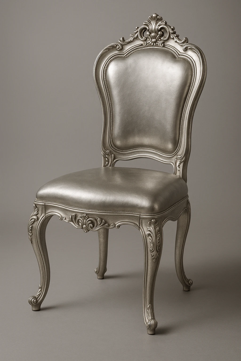 a silver dining chair, classic style, ornate details, metallic finish emoji