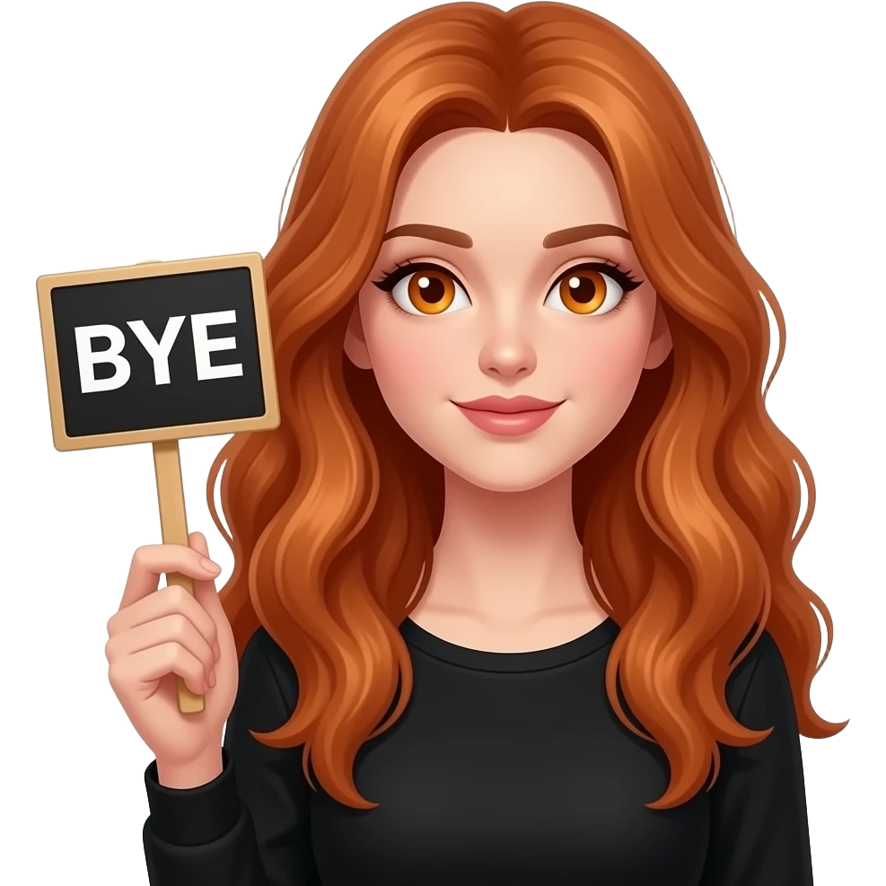 sexy girl with long wavy ginger hair and ginger eyes wearing a black top is holding a black colored sign with BYE written on it emoji