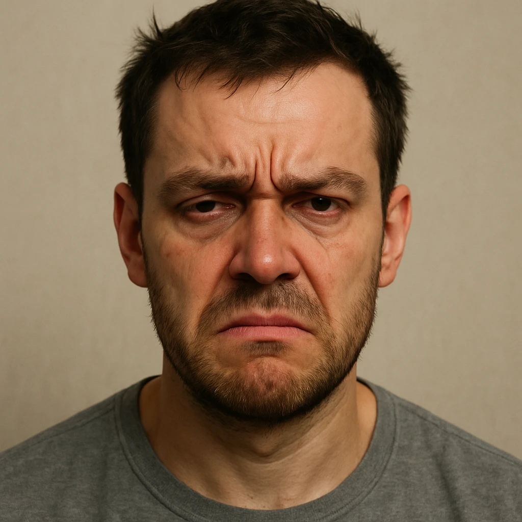 a person showing all three emotions—sad, exhausted, and mad—blended in one face, expressive features, neutral background emoji