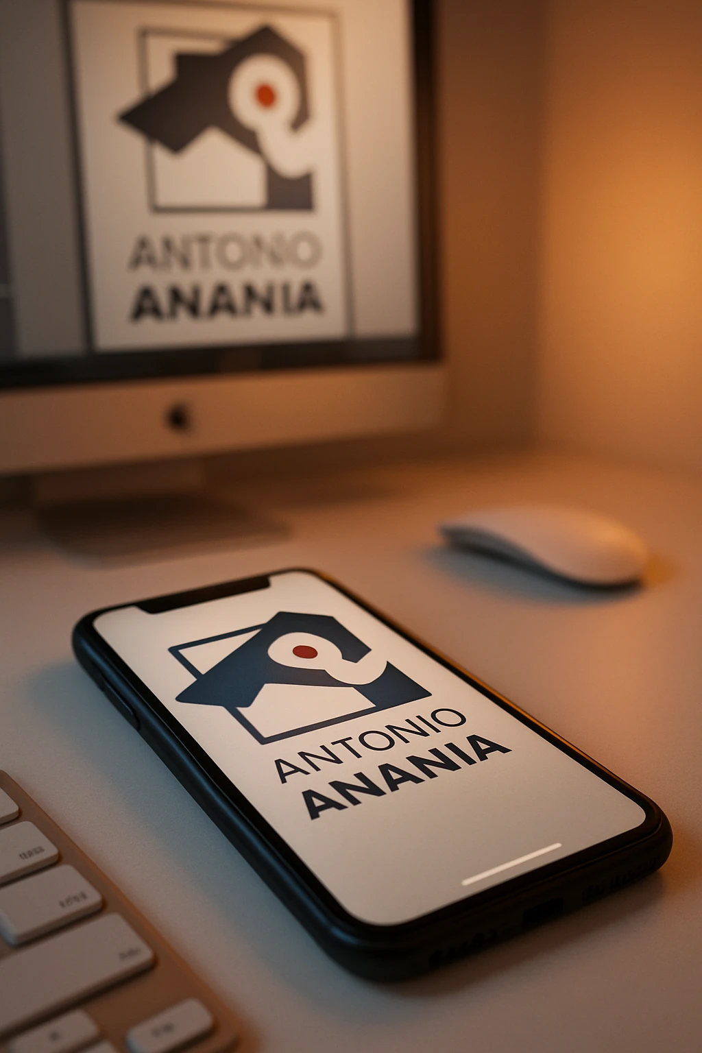 A photo of an iPhone on the desk with the logo of "Antonio Anania" on its screen, The phone sits atop a desk with a blurred with the logo in the background that suggests work environment. A faint glow from above casts gentle shadows across the surface of each object, creating depth and highlighting their textures emoji