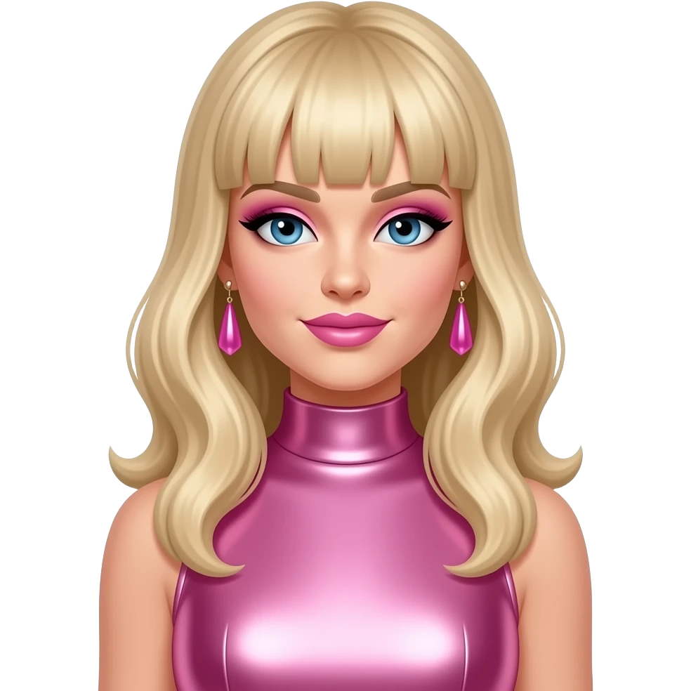 Alexa from Diva Starz with blue eyes, long blonde bang hair, pink eyeshadow and lipstick, pink metallic high neck dress, pink earrings emoji