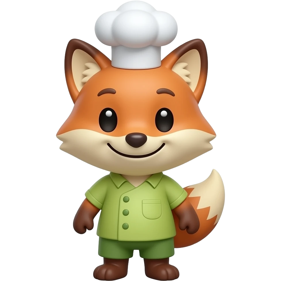Feral Kitchen & Lounge: 3D emoji style, glossy surface, soft shadows, white background, centered, no text, cute wild fox character, chef hat, mischievous grin, earthy green tones, no defined gender emoji