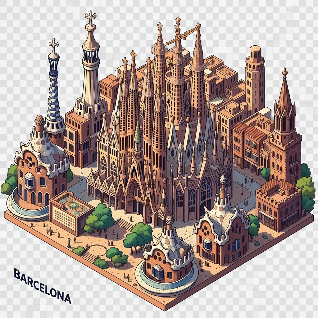 Isometric illustration of Barcelona, featuring Sagrada Familia with intricate spires, highly detailed in semi-realistic style with sharp outlines, balanced between stylized and realistic, 3D miniature effect, transparent background. emoji