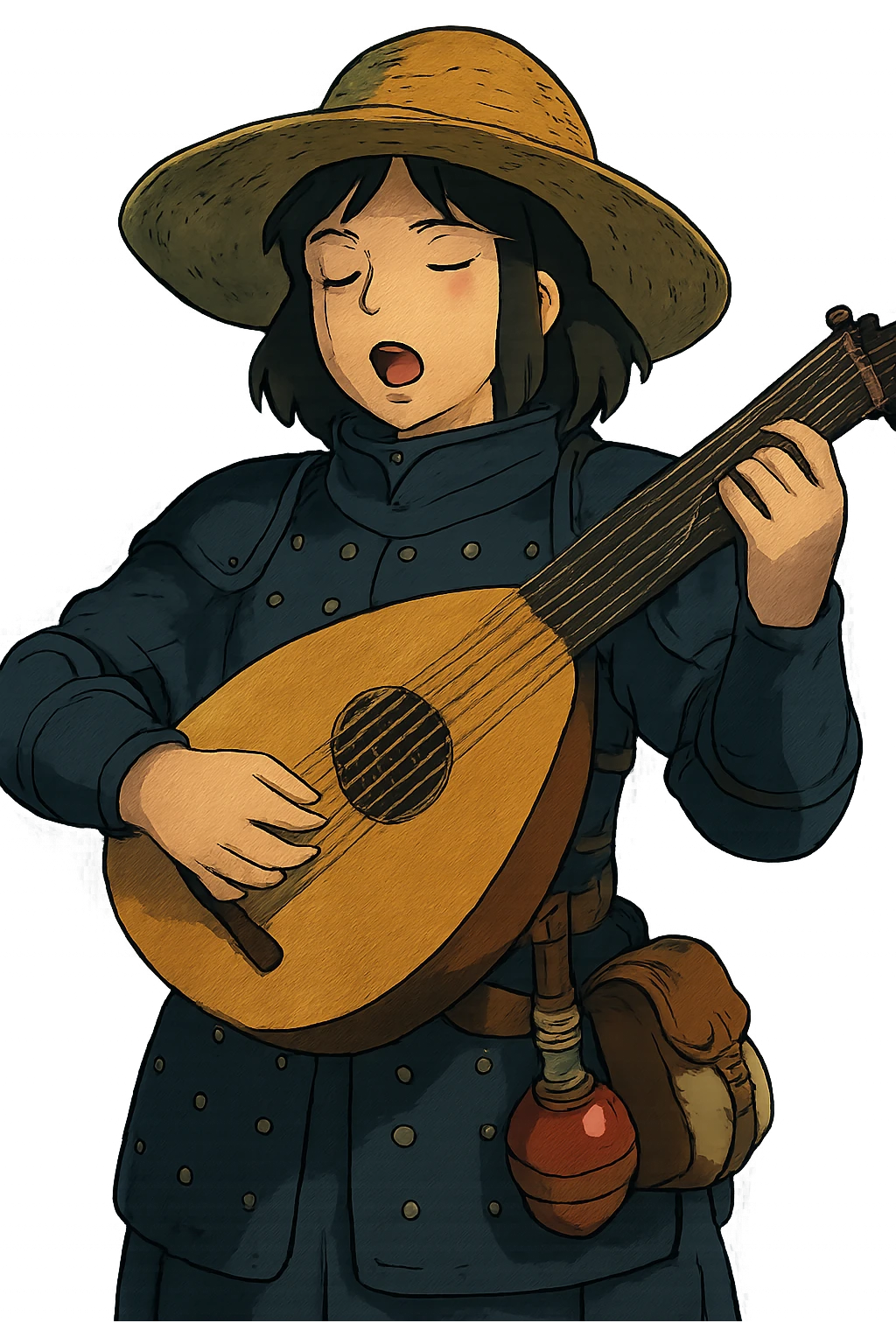 A female bard wearing brigandine armor with a sturdy straw hat, playing a fat medieval lute and singing, night time shadows, tool belt with red potion and bandages, portrait  emoji