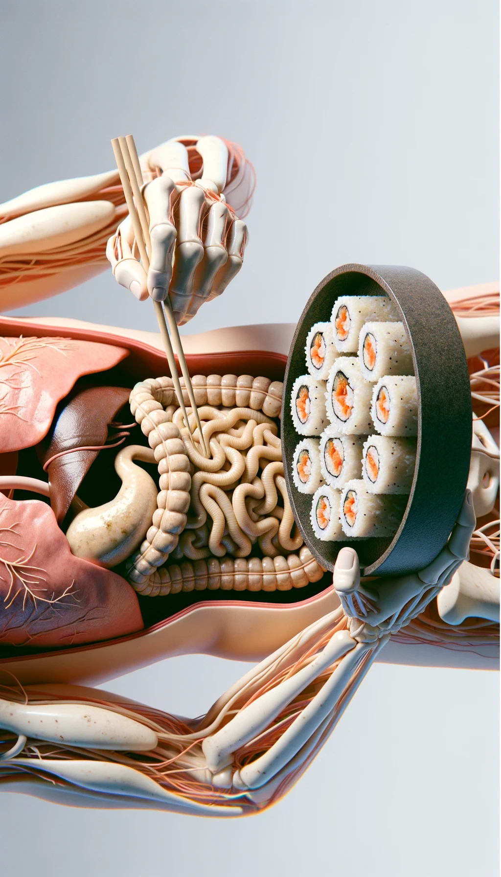 CORPO UMANO ANATOMICO Che mangia sushi crudo, vermi lunghi e beige chiaro nell'intestino a causa del sushi crudo, SFONDO CHIARO, iperrealistico 4k emoji