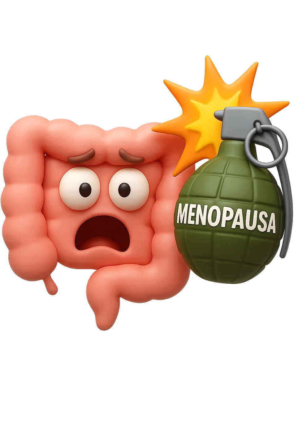 EMOJI STILE IPHONE 3D DI INTESTINO 3D CON ESPRESSIONE SPAVENTATA IN VOLTO MENTRE ACCANTO A LUI SCOPPIA UNA GRANATA 3D CON LA SCRITTA "MENOPAUSA" SOPRA, FAGLI ANCHE LA PARTE BIANCA DEGLI OCCHI, NON SOLO LA PUPILLA emoji