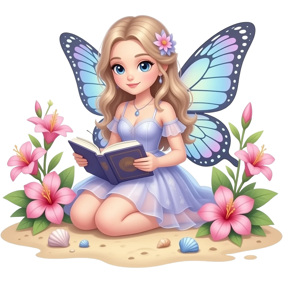 Beautiful fairy with butterfly wings reading a book on the beach, surrounded by pink tropical flowers, seashells, and soft pastel fantasy details Beautiful fairy with butterfly wings reading a book on the beach, surrounded by pink tropical flowers, seashells, and soft pastel fantasy details emoji