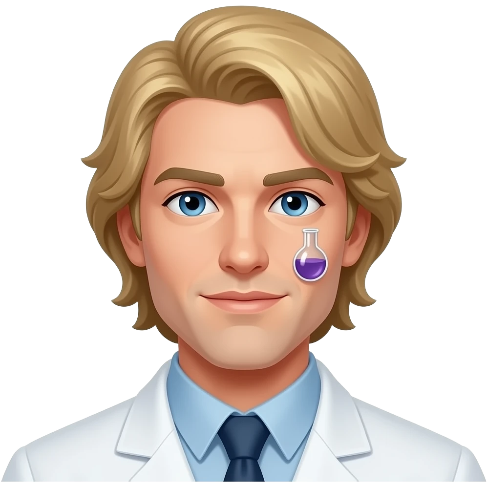 clean shaven blonde male scientist with hair to his waist has test substance on his face emoji