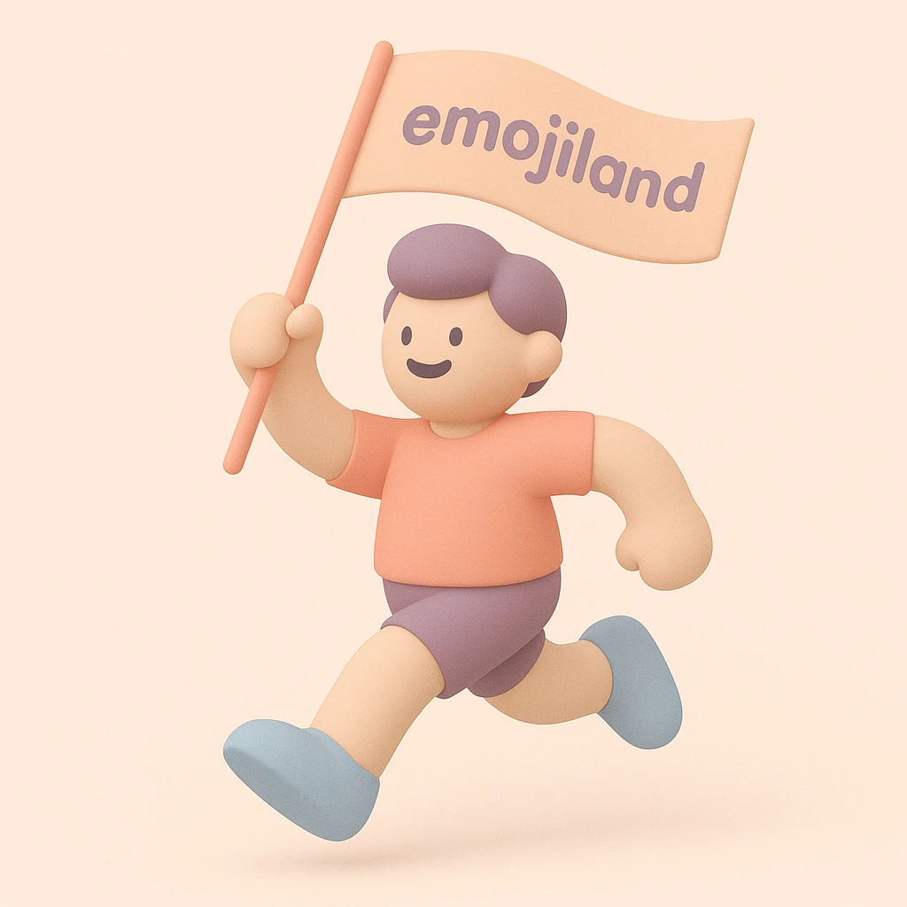 happy runner waving a flag that says 'emojiland' emoji