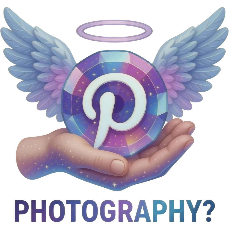 An ethereal angel hand made of starlight holding a crystalline Pinterest logo. Text below: 'PHOTOGRAPHY?'. Glowing nebula colors, isolated on white, bold 3D icon emoji