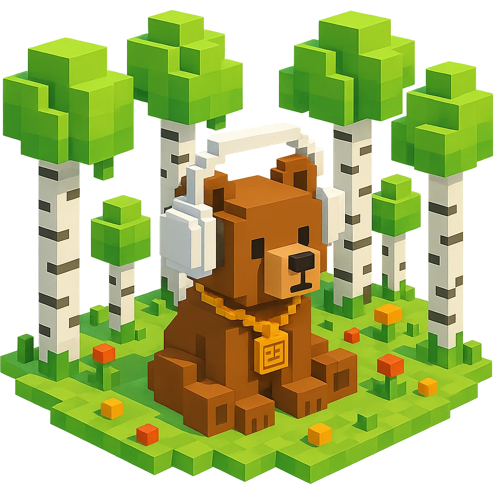 березовый лес, в котором сидит бурый медвежонок в белых наушниках (наушники должны закрывать уши медведя), на медведе цепь с подвеской "23", no background  emoji