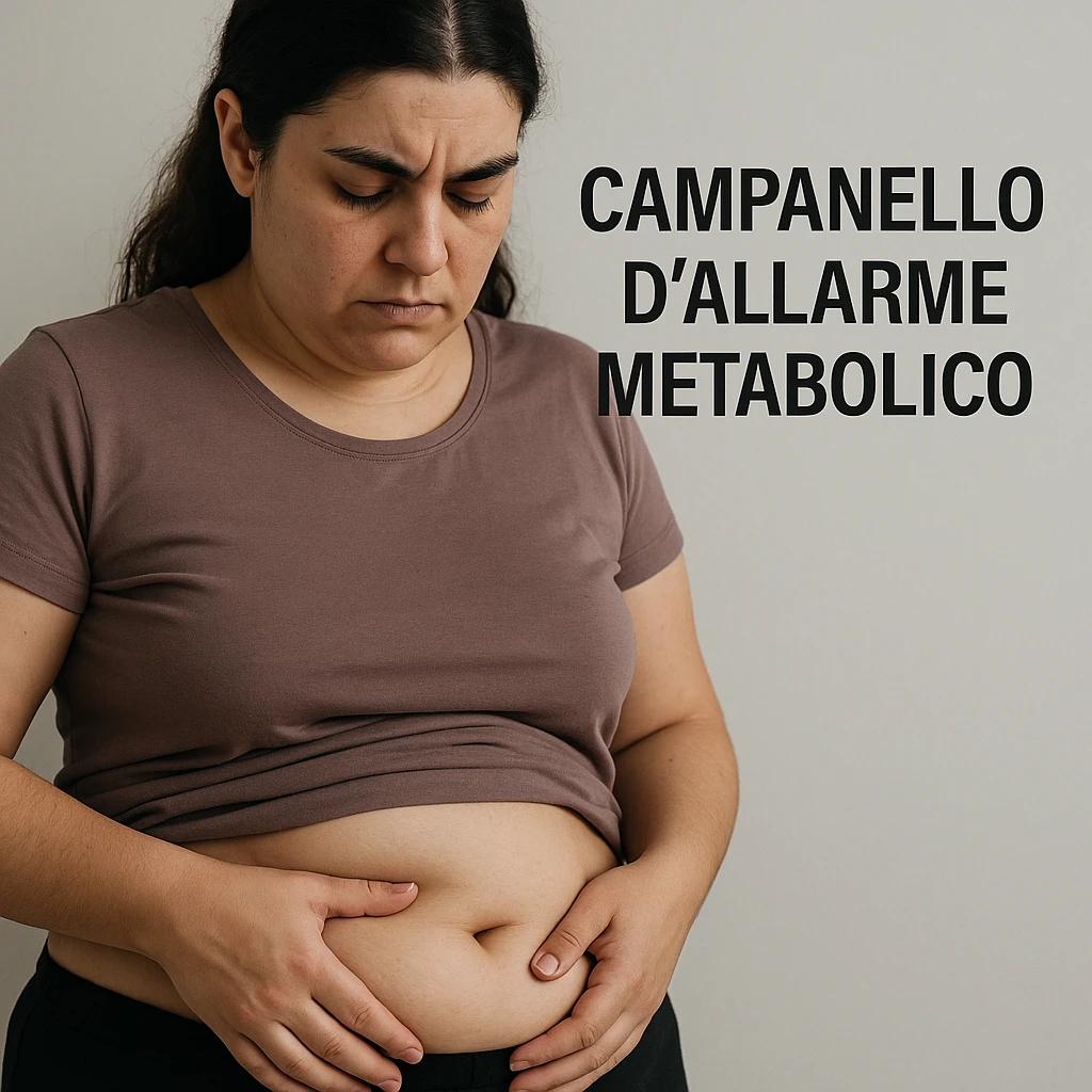 close-up of a woman with PCOS looking at her belly with one hand, visible fat accumulation, serious expression, neutral background, Italian text: 'Campanello d’allarme metabolico', 4K quality emoji