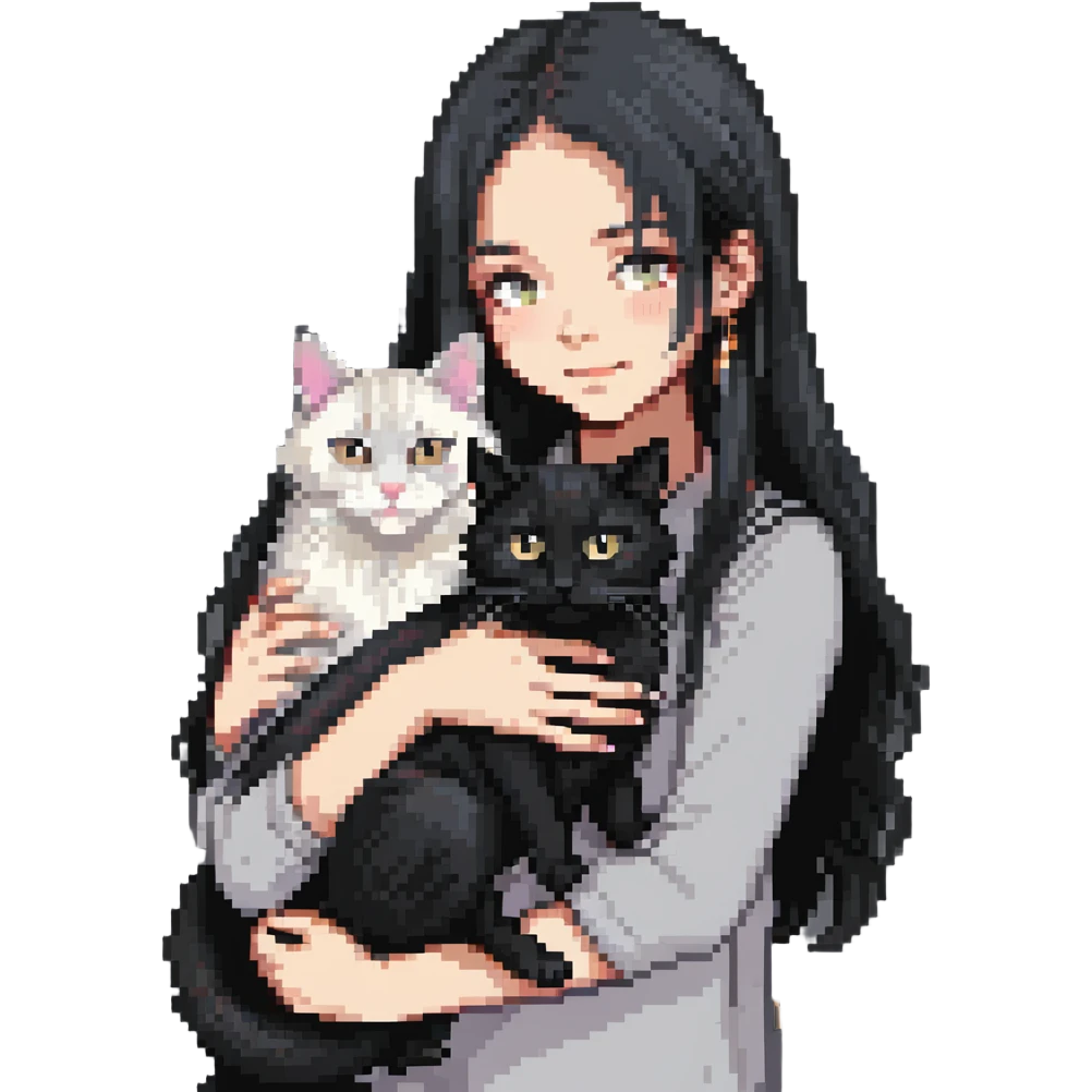 Beautiful girl with long black hair hugs a gray and blond mixed breed cat emoji