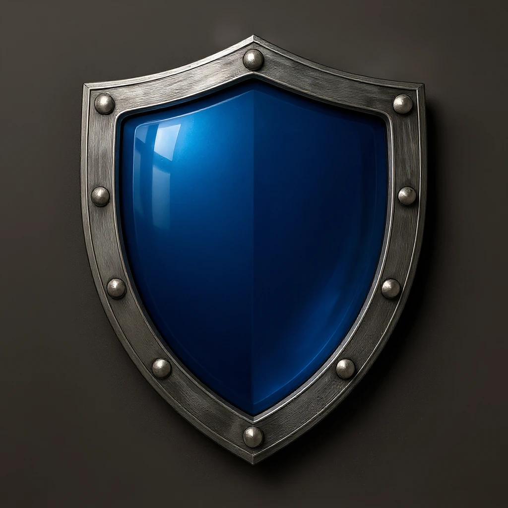 Change the shield to a heater shape, keep the perspective exactly straight forward, very reflective deep blue glass center, metallic border, no background, no symbols, no sword, match the realism and gloss of the reference images. emoji