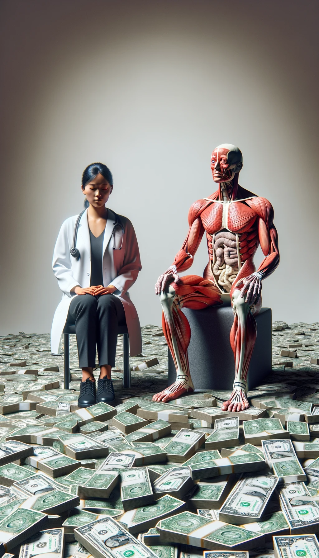 corpo umano anatomico seduto dal medico con una montagna di banconote ai piedi, con sfondo chiaro neutro, iperrealistico 4k emoji