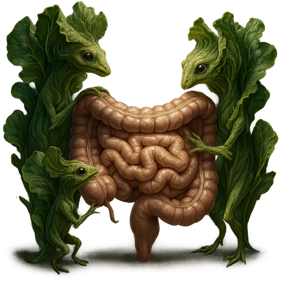 Ultra-realistic 4K illustration: stylized lettuce leaves depicted as plant-like creatures interacting with a human anatomical model of the intestine. The scene is surreal and scientific, with organic textures, refined biological details, dramatic lighting, and a bio-fantasy photorealistic style emoji