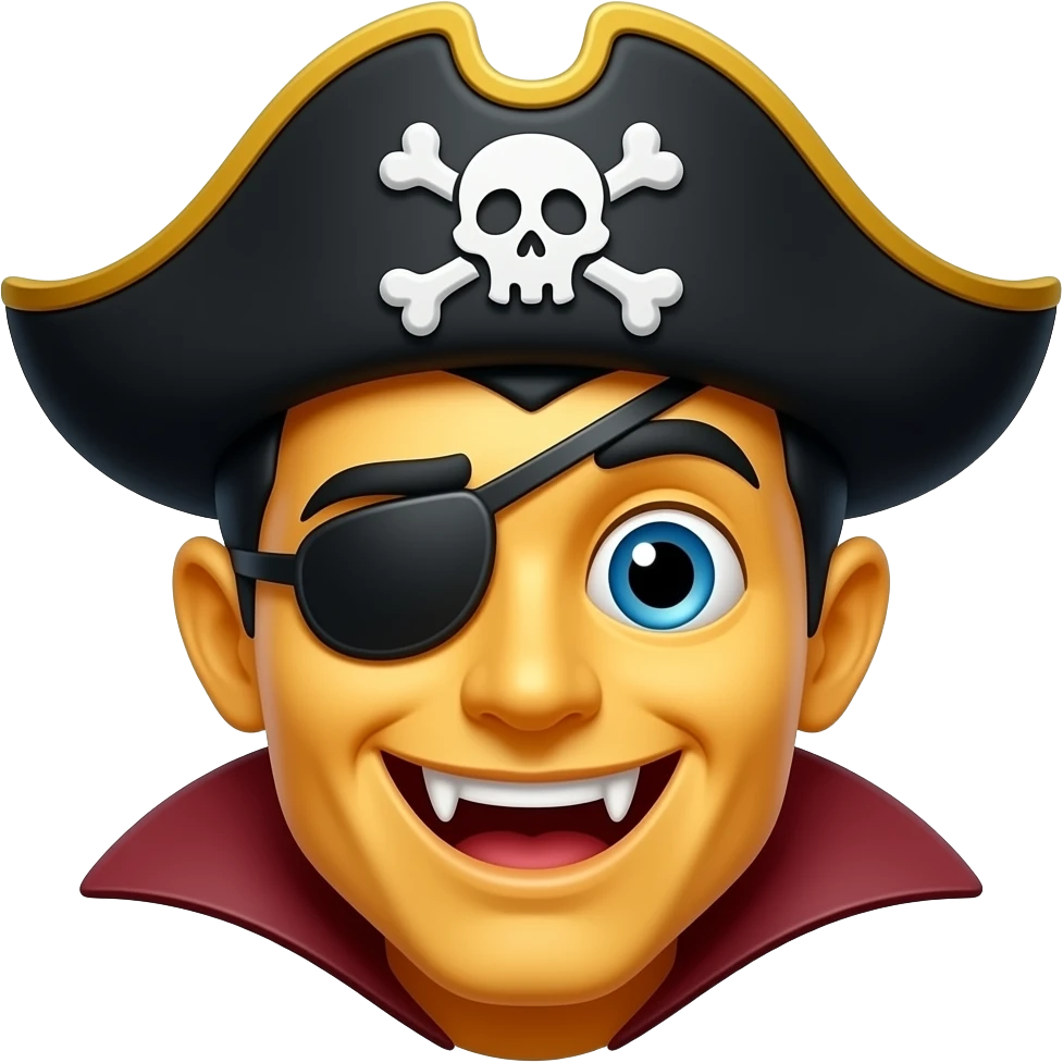 A yellow classic emoji but it's a smiling vampire with a pirate hat emoji