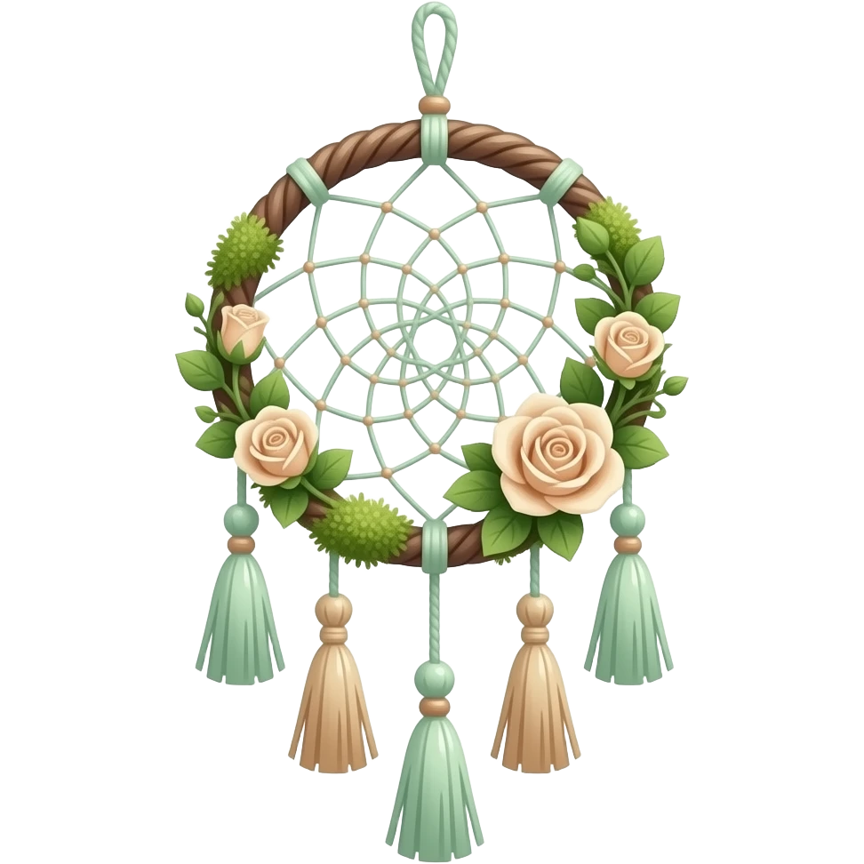 Hippie-like Cute dainty neat Pastel Green-white-brownish-beige-gradients thread-rope-hanging dreamcatcher, pastel colors, whitish, light, green academia aesthetic, mossy, with green vines and beige roses, Cottagecore, Princesscore, shiny glistening, vintage, tassels emoji