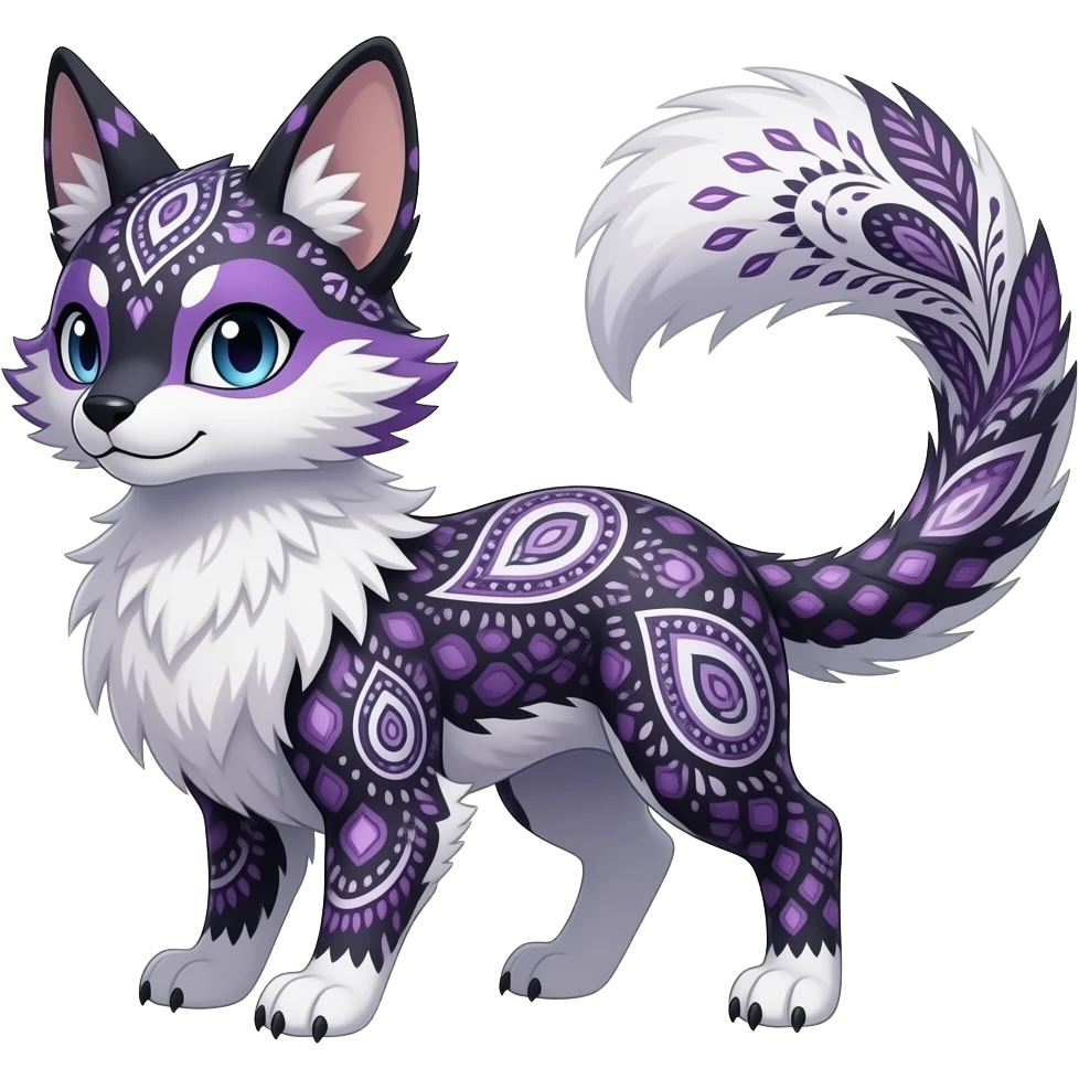 Paisley-patterned bohemian-patterned feathery elegant realistic Furry, feathery fluffy tropical flecked painted feathery scaly, Purple, white, black, Minccino-Bambino-Lykoi-Linoone-Zangoose-fusion-hybrid-animal-Fakémon-creature, full body, thin long sleek scaly tail, intricate markings emoji