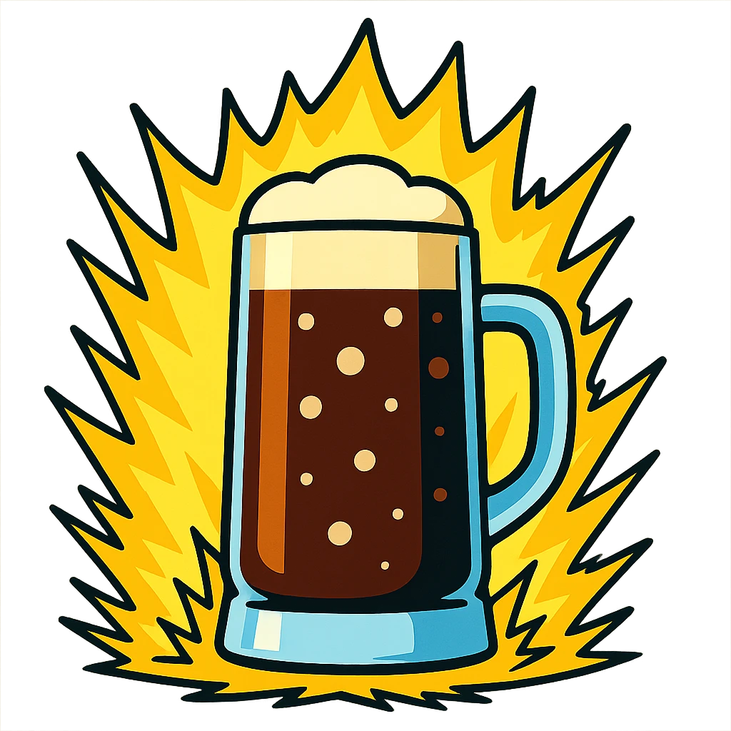 Goaßmaß beer glass with cola, surrounded by a powerful yellow anime energy aura like Dragon Ball Z emoji
