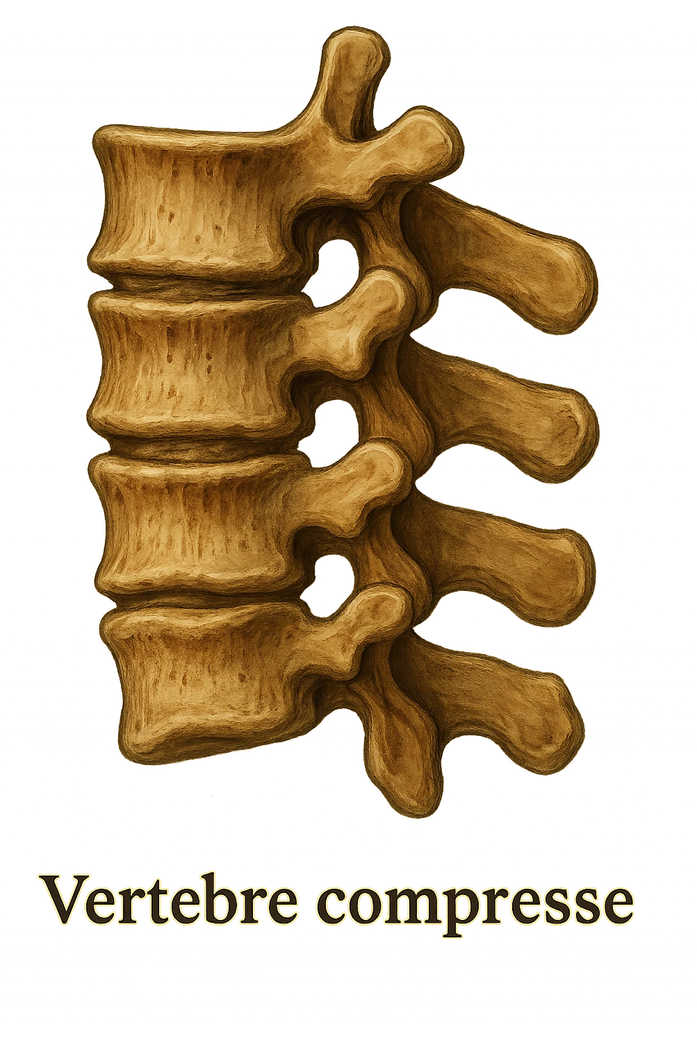 Realistic and cinematic anatomical illustration focusing exclusively on compressed vertebrae in lateral view, no background, clear anatomical details, with captions in Italian, aspect ratio 2:3. emoji