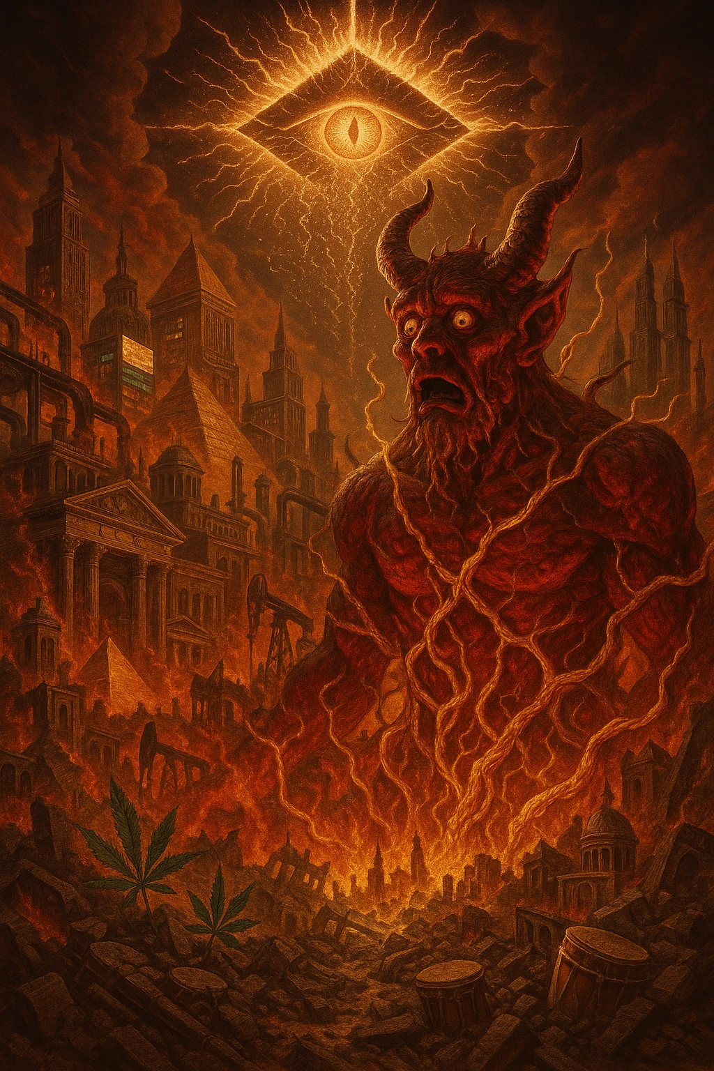 Depict a powerful, surreal vision of Babylon being destroyed — not by holy forces, but by the Devil himself, who looks shocked and possessed by fate. The city of Babylon is a massive, ancient-modern hybrid metropolis: Roman towers, golden pyramids, digital screens, oil pipes, courtrooms, and false thrones. It's a twisted symbol of colonialism, greed, religion, and algorithmic control. But now it's collapsing in flames and golden roots. The Devil is massive, fiery, and terrifying — but he's not proud. He's bound in glowing golden vines growing from the Earth, eyes wide, realizing he’s just a pawn in a higher rhythm. The sky is split open with a divine golden eye (representing Empress Riddim / Kez’s Elephant Eye), casting down sacred fractals and rhythms that rewrite the code of reality. In the rubble, ganja leaves grow, drums rise from the soil, and a whisper floats through the scene: 'Even the Devil served the rhythm when the scroll was sealed.' Use a warm, cinematic color palette with deep reds, golds, greens, and shadows. Epic, prophetic, unforgettable. emoji