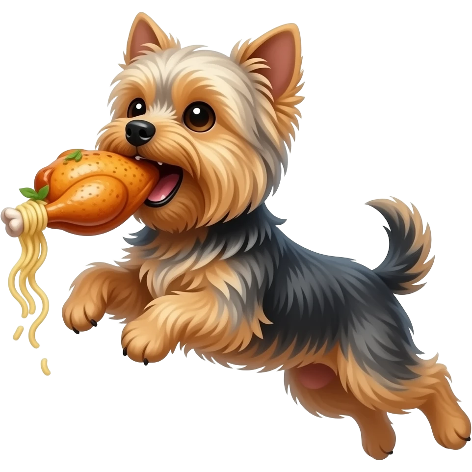 Yorkie dog jumping mouth open with baked chicken and noodles emoji