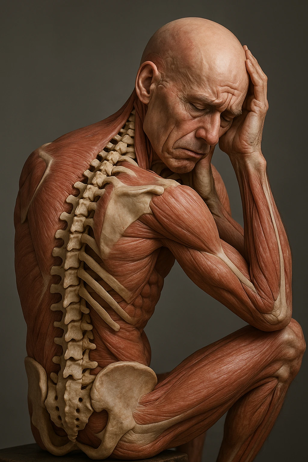CORPO UMANO ANATOMICO con spina dorsale in evidenza, molto stanca e stressata mentre si tiene le mani sulla testa, IPERREALISTICO 4K emoji