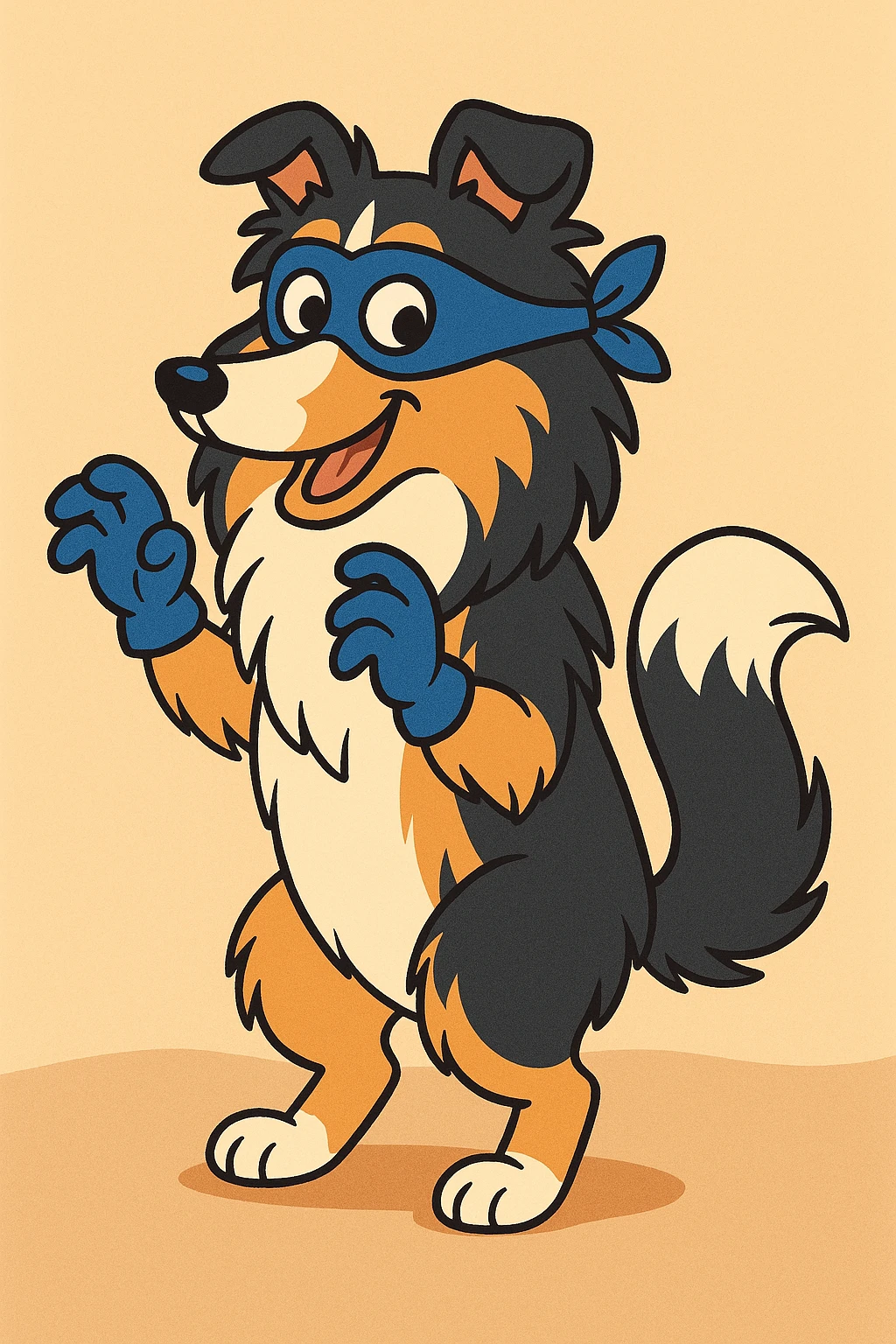 A tricolor Shetland Sheepdog dressed as Swiper the fox, complete with blue mask, blue gloves, and orange fur, mischievous pose, cartoon style emoji