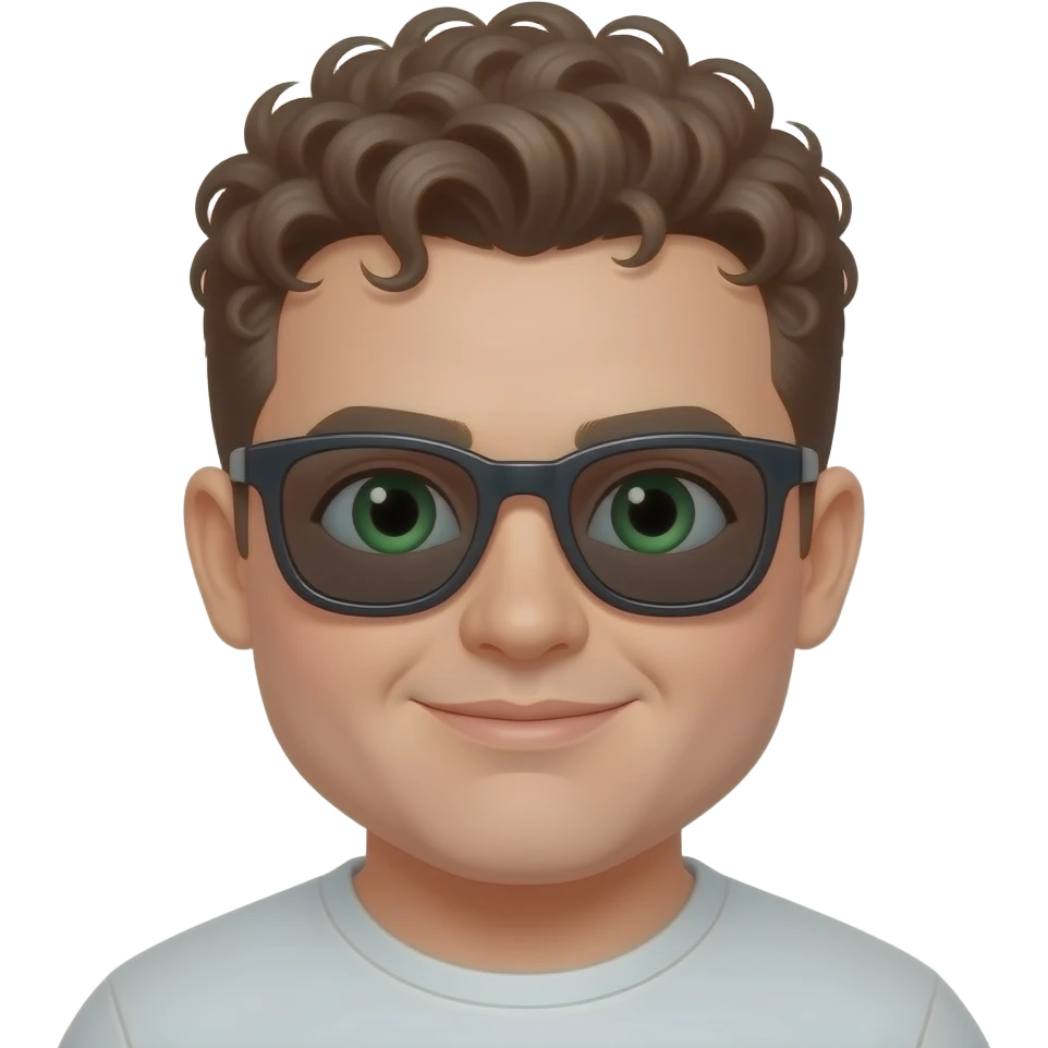 انشيئ لي اموجي يعبر عني انا شخص ارتدي نضرات عيني خضراء وسمين قليل شعري مجعد وقصير جدا emoji