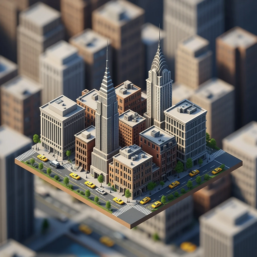 Isometric miniature of New York 3D miniature effect and Tilt Shift effect, no cartoonish look, transparent background. emoji