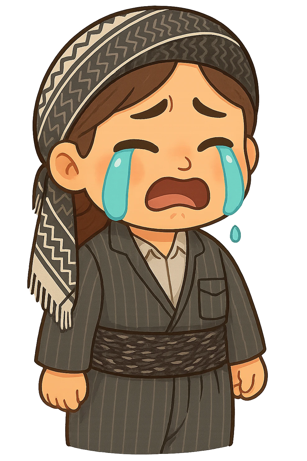 Cartoon Kurdish woman sticker with the same clothes and scarf as the reference image (no changes to clothes and scarf), sad face with crying expression, colorful and cheerful style, no text, suitable for WhatsApp and Instagram, transparent background. emoji