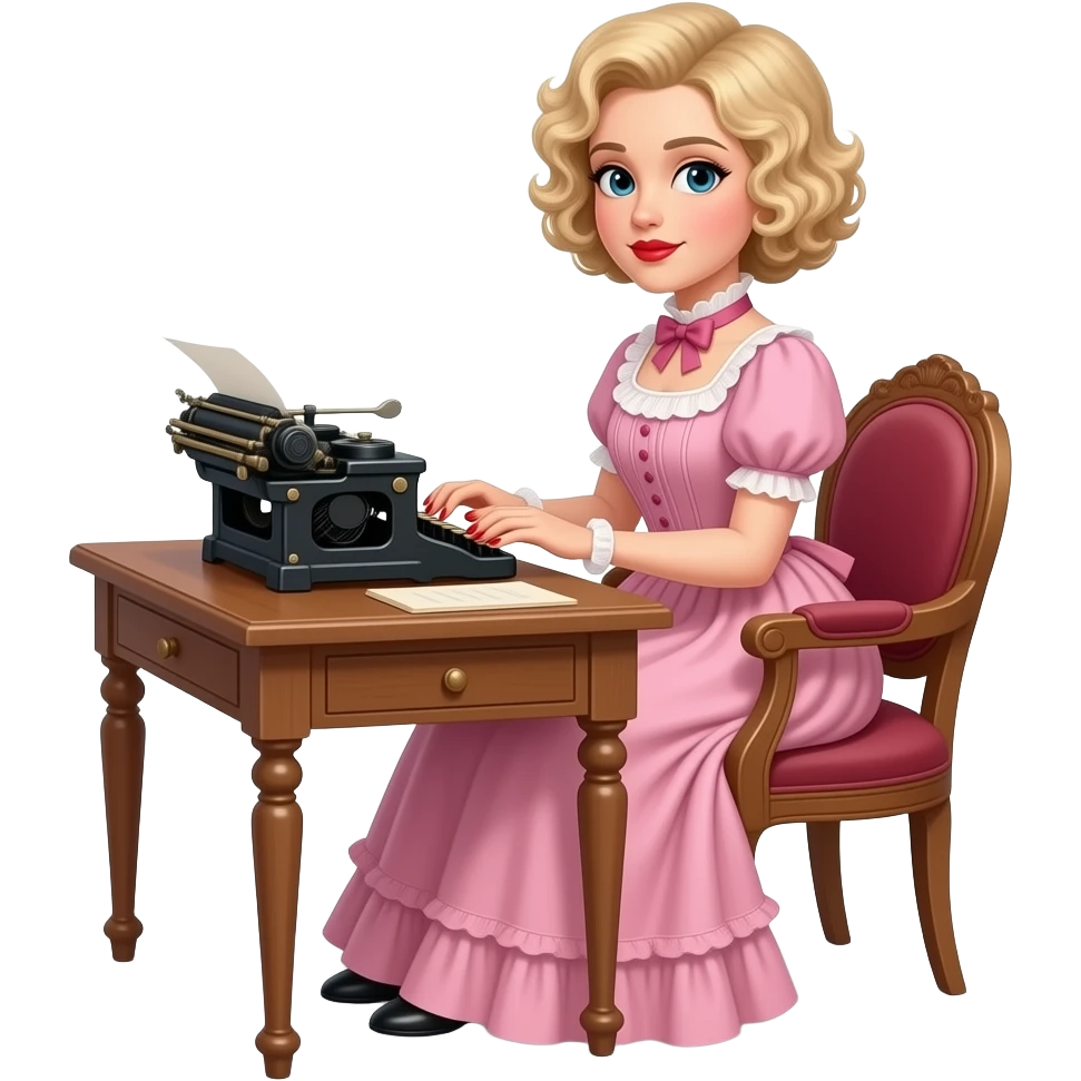 short blonde curly pixie bob hair in a 1800 pink outfit sitting down an antique desk with four wood legs, antique phone, and typing on an antique typewriter with red lipstick, red finger nails and in a Victorian setting emoji