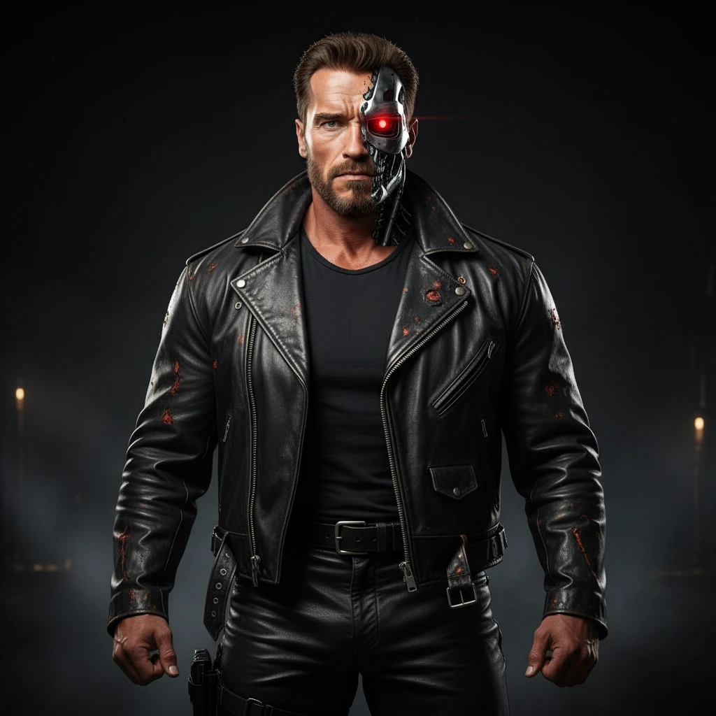 Make this phot of me look buff like Arnold Schwarzenegger in The Terminator, with his biker costume, using my own hairstyle and face. Show half my face as a cyborg with metal and a glowing red eye. I want to look strong, intimidating, and heroic. emoji