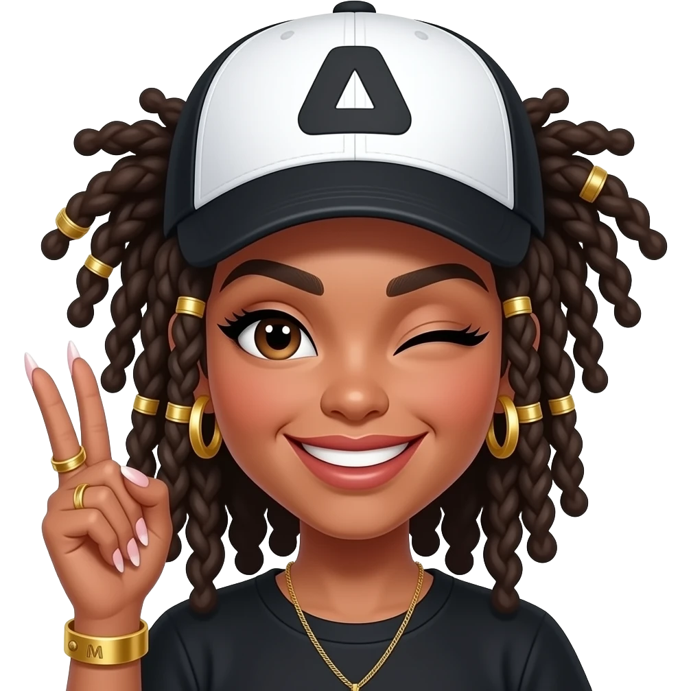 girl wearing a black & white trucker cap dreads,curly ends, gold hair charms & accessories. big sneaky smile winking one eye the other  closed. one hand showing, long nails French manicure, gold M ring,  gold thumb ring, had a gold bangle bracelet baddie energy emoji