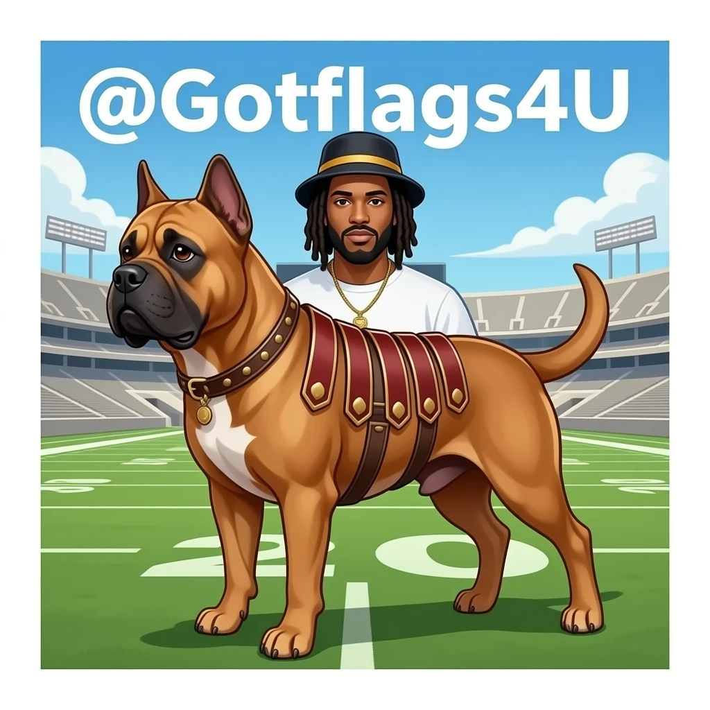A cane Corso fawn color clipped ears, no  tail, triple muscle dressed like a Roman war dog standing in front of the Oakland Raiders stadium with Mac Dre the hip-hop, rapper, iconic, dreadlocks, and bucket hatstanding in the background with @Gotflags4U spelled in the sky by a airplane smoke emoji