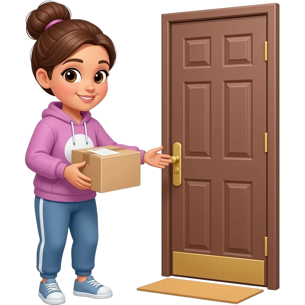 beautiful woman in a sweatshirt, sweat pants and a bun picking up her package outside her door emoji